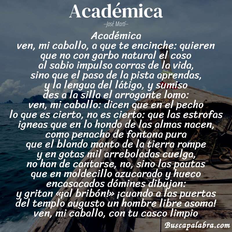 Poema académica de José Martí con fondo de barca