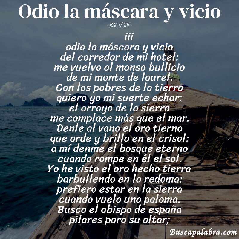 Poema odio la máscara y vicio de José Martí con fondo de barca
