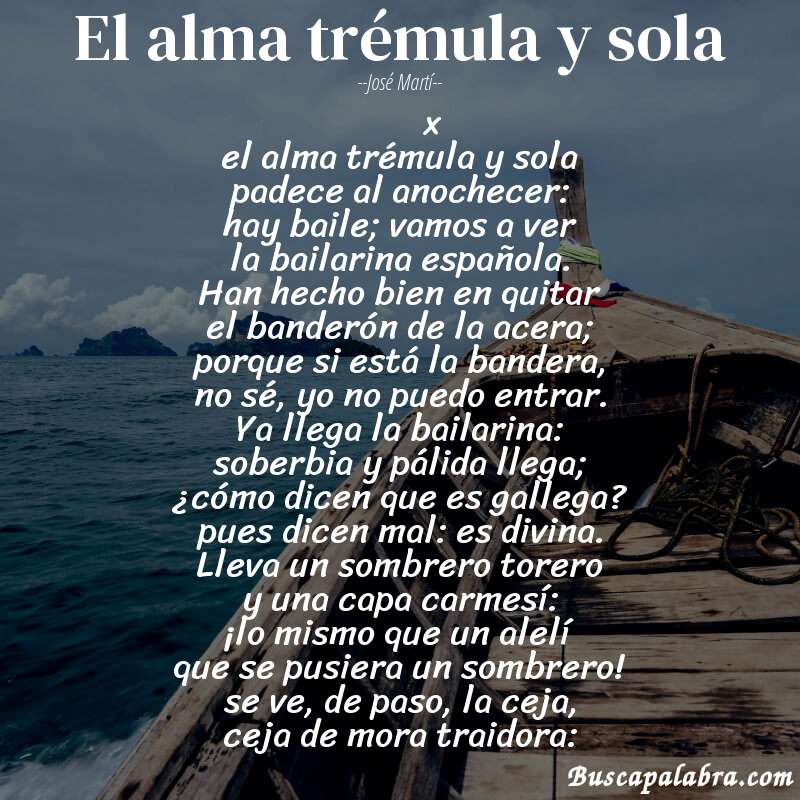 Poema el alma trémula y sola de José Martí con fondo de barca