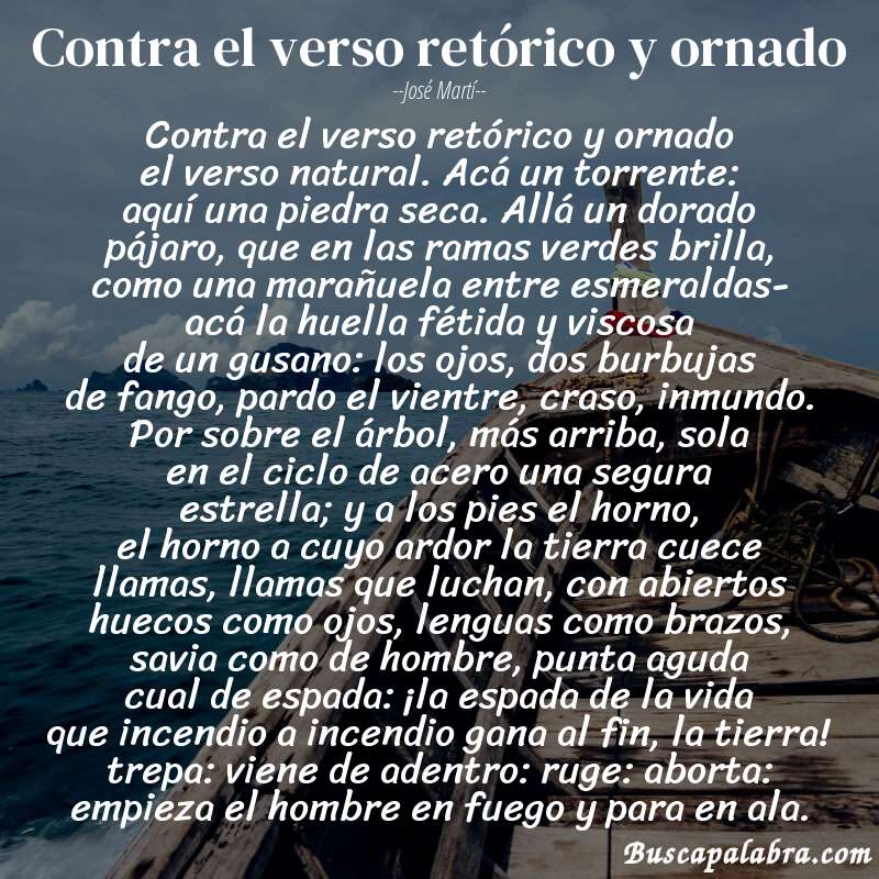 Poema contra el verso retórico y ornado de José Martí con fondo de barca