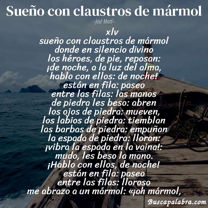 Poema sueño con claustros de mármol de José Martí con fondo de barca