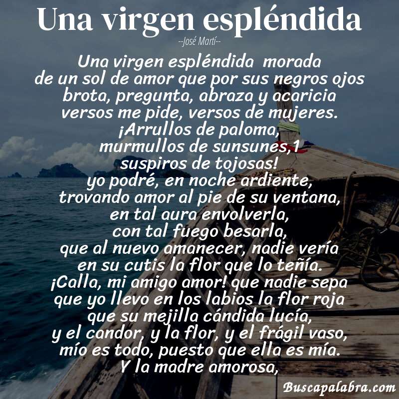 Poema una virgen espléndida de José Martí con fondo de barca
