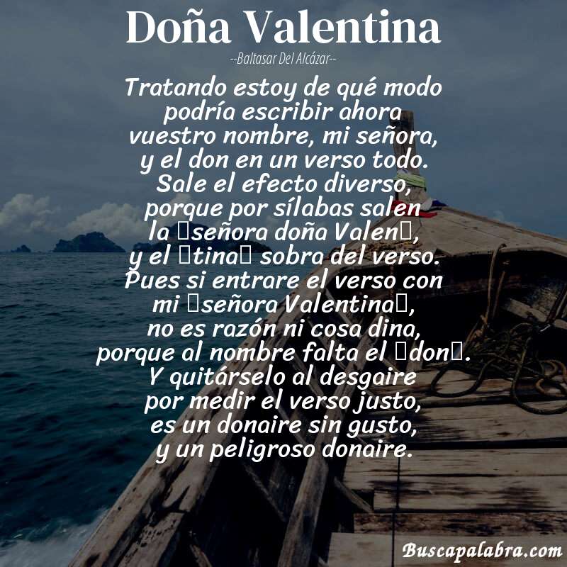 Poema Doña Valentina de Baltasar del Alcázar con fondo de barca