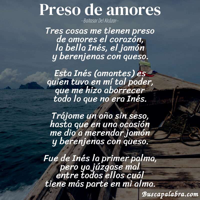 Poema Preso de amores de Baltasar del Alcázar con fondo de barca