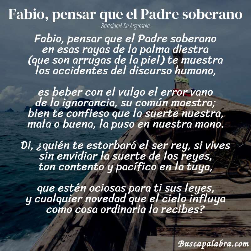 Poema Fabio, pensar que el Padre soberano de Bartolomé de Argensola con fondo de barca
