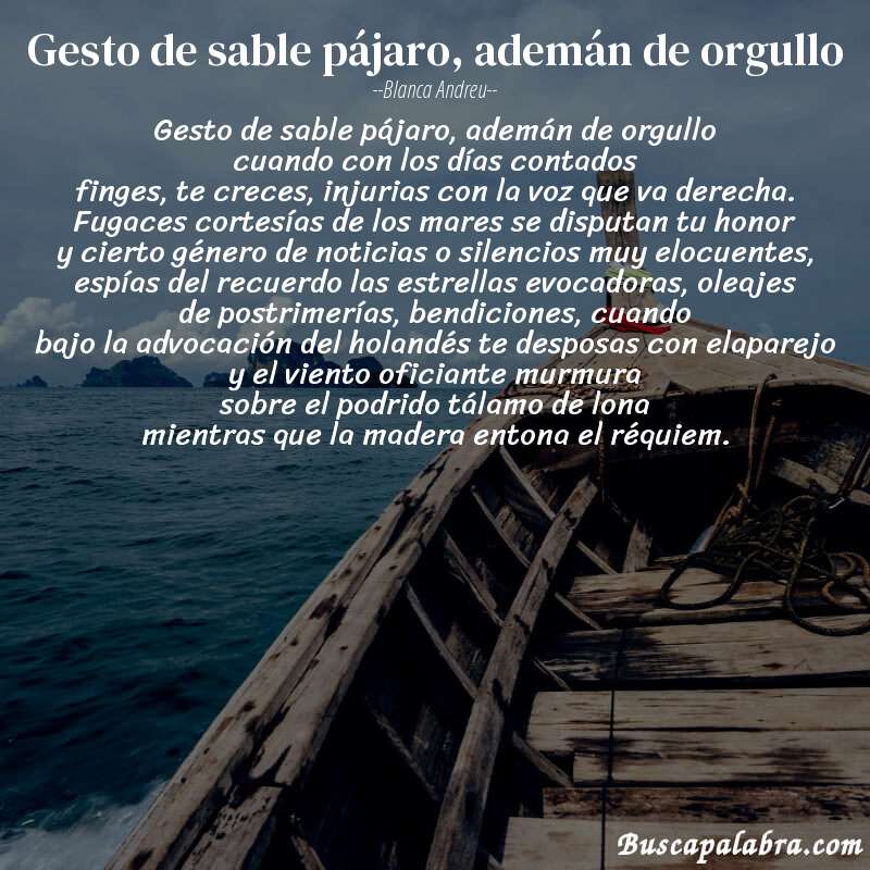 Poema gesto de sable pájaro, ademán de orgullo de Blanca Andreu con fondo de barca