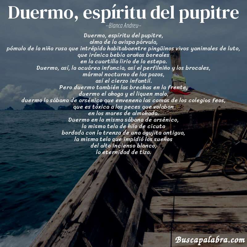 Poema duermo, espíritu del pupitre de Blanca Andreu con fondo de barca
