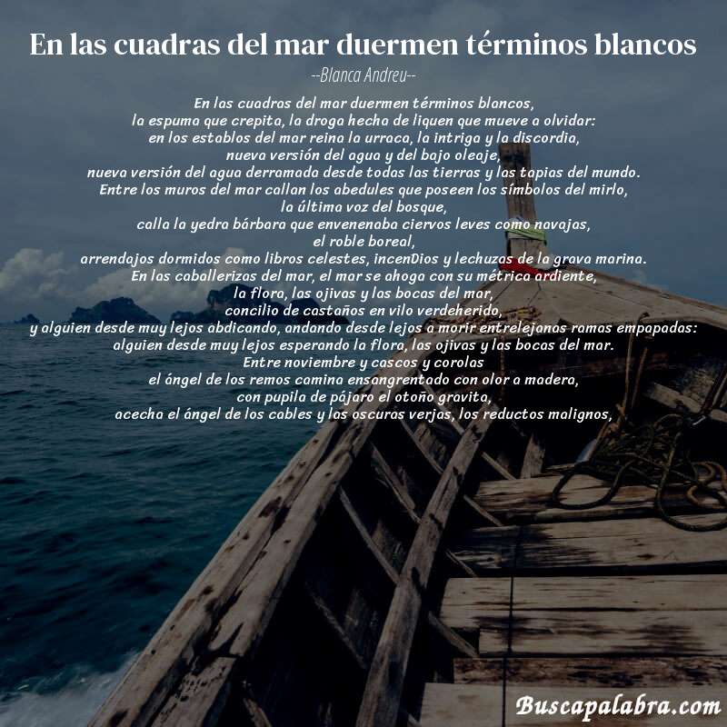 Poema en las cuadras del mar duermen términos blancos de Blanca Andreu con fondo de barca