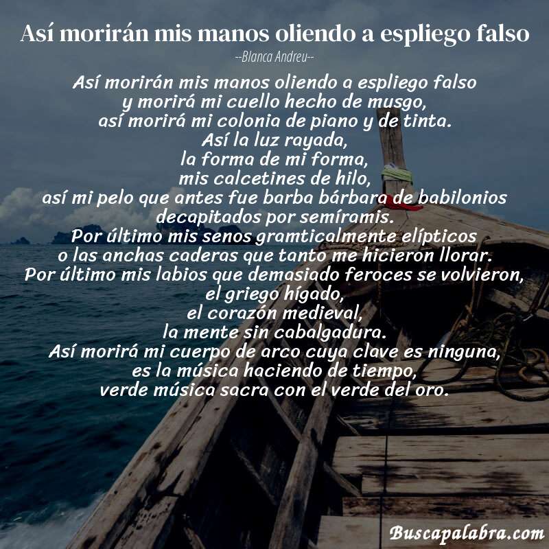 Poema así morirán mis manos oliendo a espliego falso de Blanca Andreu con fondo de barca