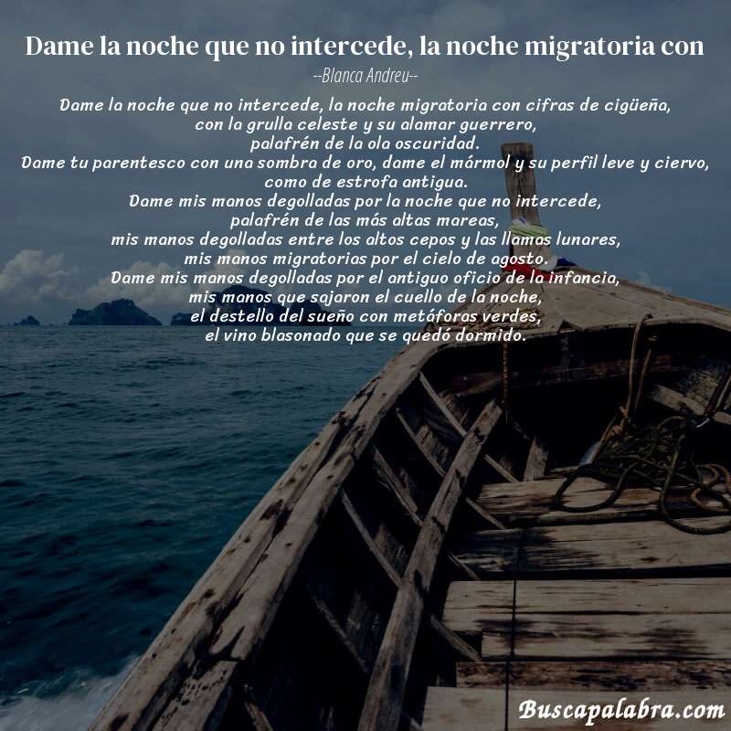 Poema dame la noche que no intercede, la noche migratoria con de Blanca Andreu con fondo de barca