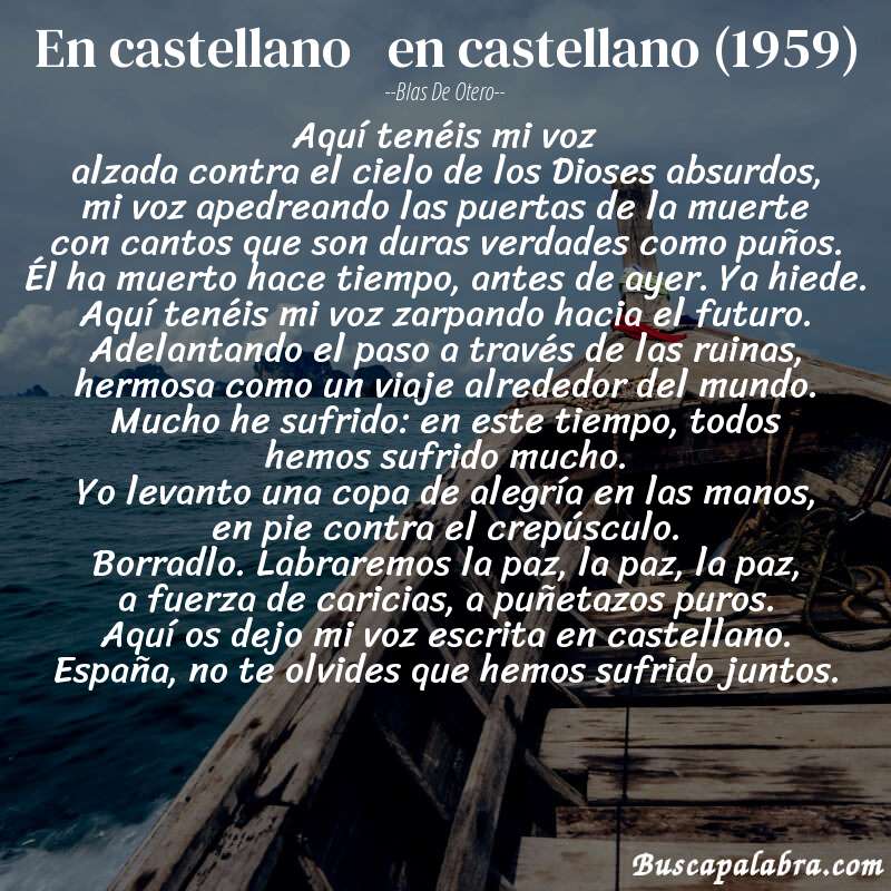 Poema en castellano   en castellano (1959) de Blas de Otero con fondo de barca