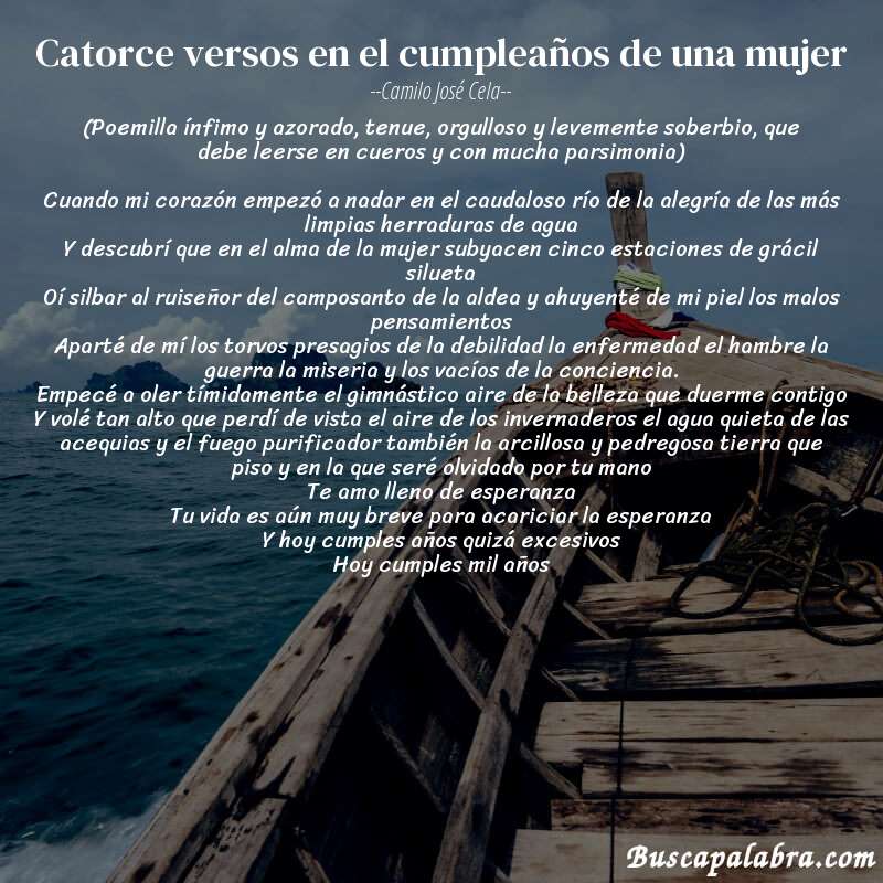 Poema Catorce versos en el cumpleaños de una mujer de Camilo José Cela con fondo de barca