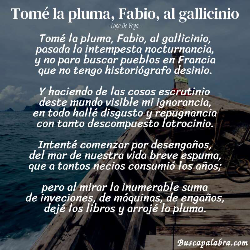 Poema Tomé la pluma, Fabio, al gallicinio de Lope de Vega con fondo de barca