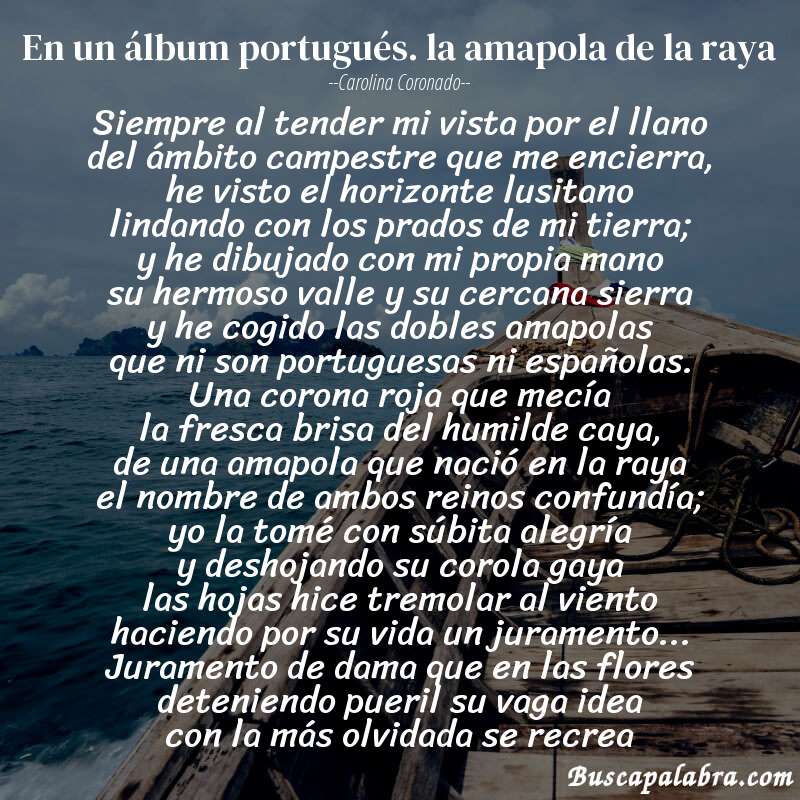 Poema en un álbum portugués. la amapola de la raya de Carolina Coronado con fondo de barca