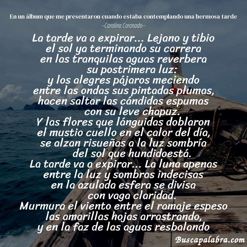 Poema en un álbum que me presentaron cuando estaba contemplando una hermosa tarde de Carolina Coronado con fondo de barca
