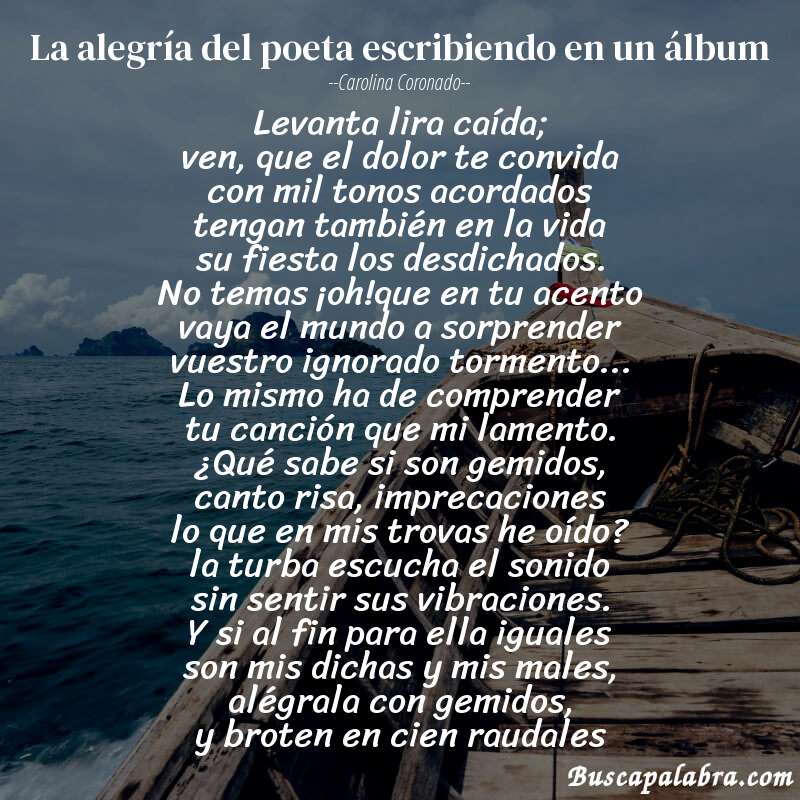 Poema la alegría del poeta escribiendo en un álbum de Carolina Coronado con fondo de barca
