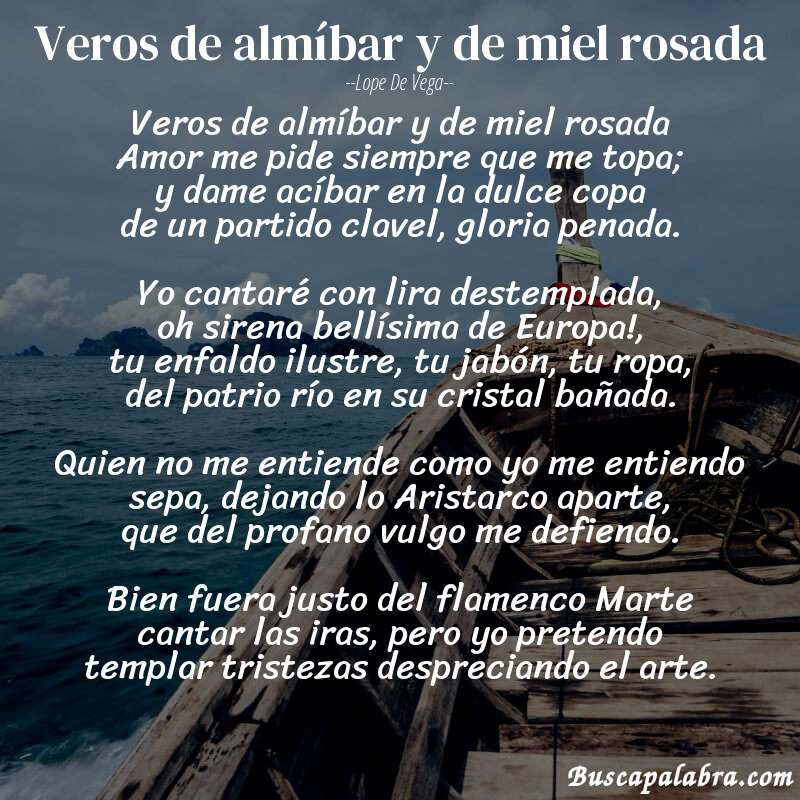 Poema Veros de almíbar y de miel rosada de Lope de Vega con fondo de barca