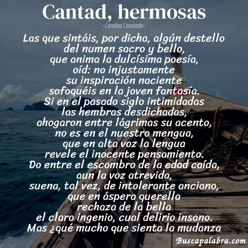 Poema cantad, hermosas de Carolina Coronado con fondo de barca