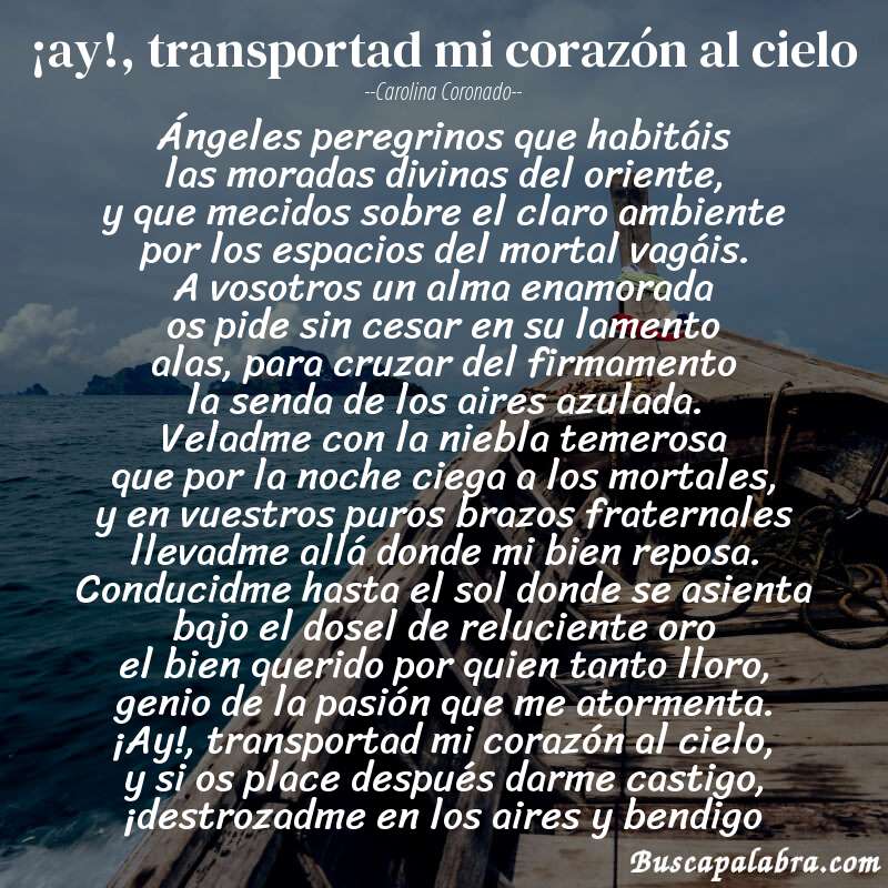 Poema ¡ay!, transportad mi corazón al cielo de Carolina Coronado con fondo de barca