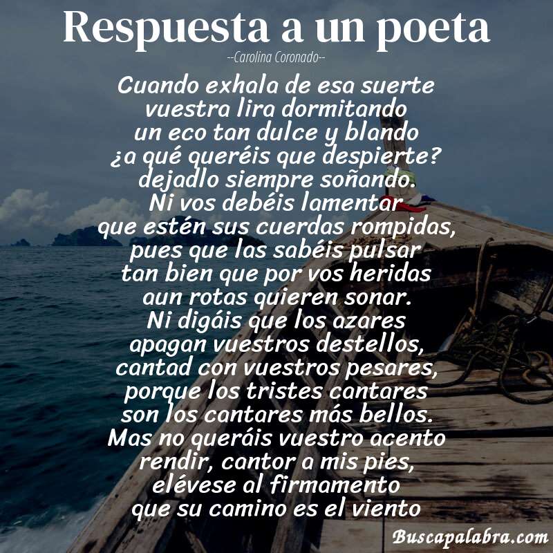 Poema respuesta a un poeta de Carolina Coronado con fondo de barca