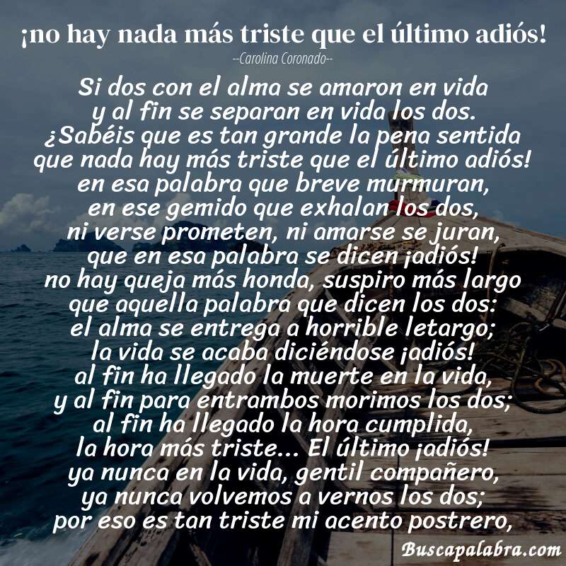 Poema ¡no hay nada más triste que el último adiós! de Carolina Coronado con fondo de barca