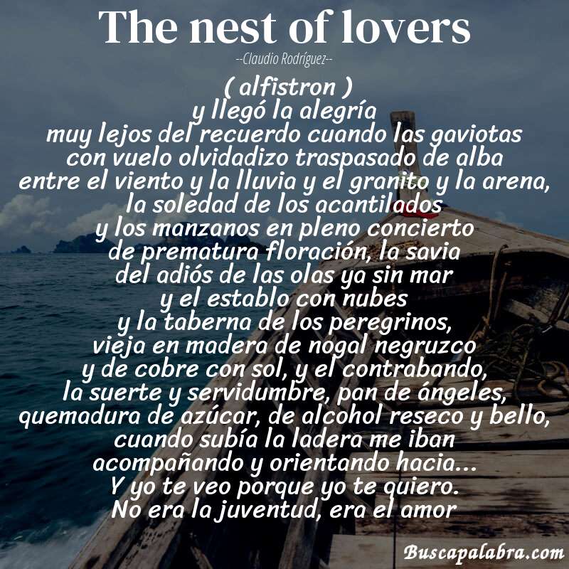 Poema the nest of lovers de Claudio Rodríguez con fondo de barca