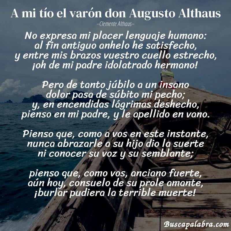 Poema A mi tío el varón don Augusto Althaus de Clemente Althaus con fondo de barca