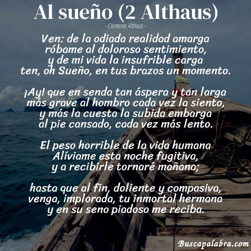 Poema Al sueño (2 Althaus) de Clemente Althaus con fondo de barca