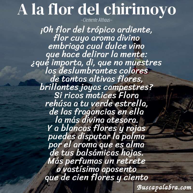 Poema A la flor del chirimoyo de Clemente Althaus con fondo de barca