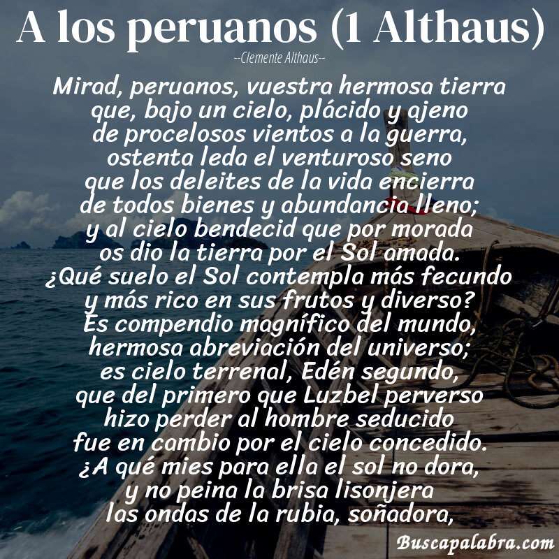 Poema A los peruanos (1 Althaus) de Clemente Althaus con fondo de barca