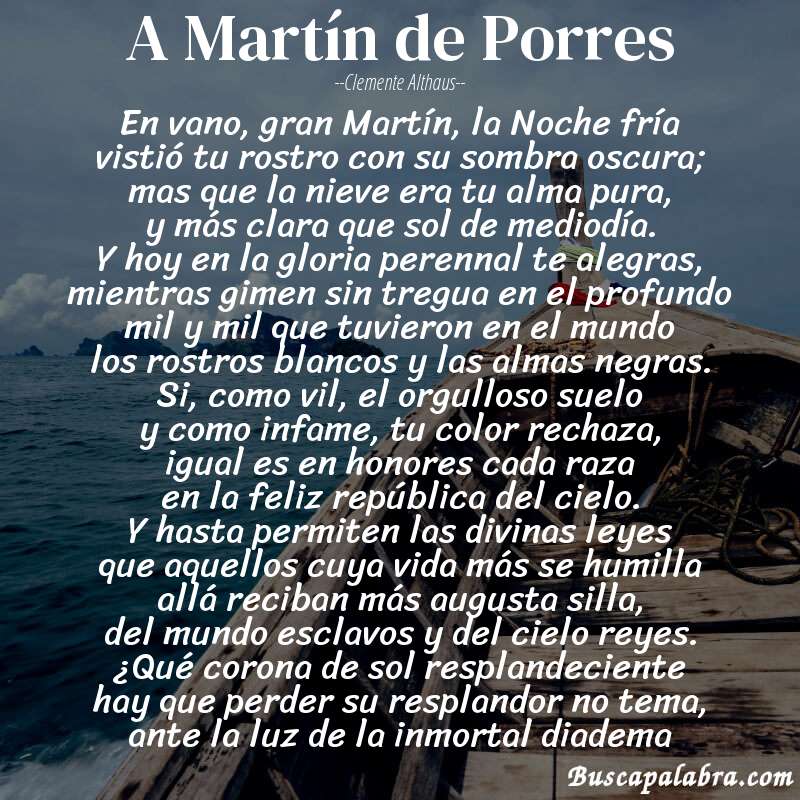 Poema A Martín de Porres de Clemente Althaus con fondo de barca
