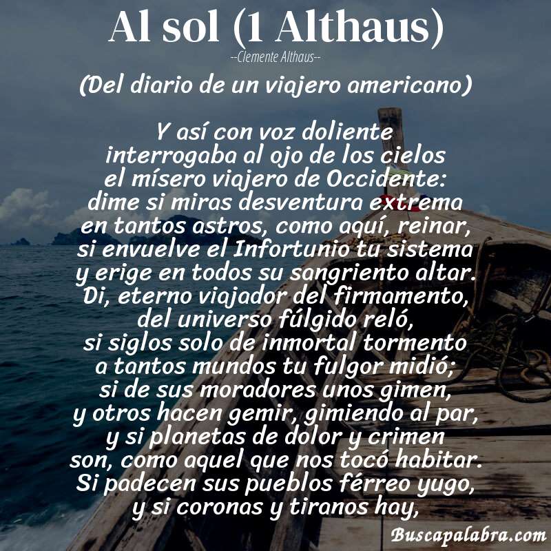 Poema Al sol (1 Althaus) de Clemente Althaus con fondo de barca