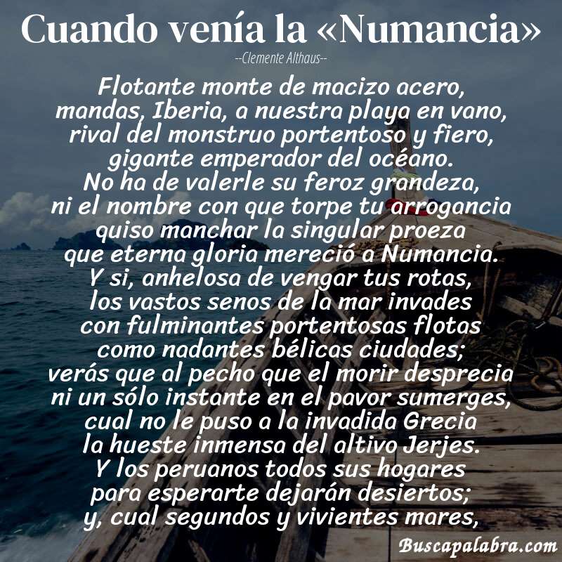Poema Cuando venía la «Numancia» de Clemente Althaus con fondo de barca