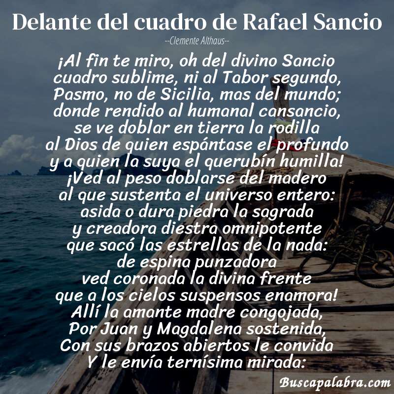 Poema Delante del cuadro de Rafael Sancio de Clemente Althaus con fondo de barca