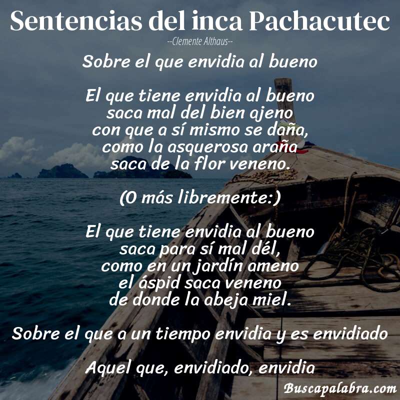 Poema Sentencias del inca Pachacutec de Clemente Althaus con fondo de barca