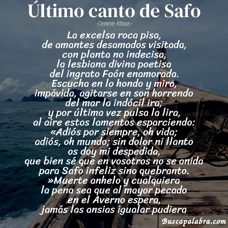 Poema Último canto de Safo de Clemente Althaus con fondo de barca