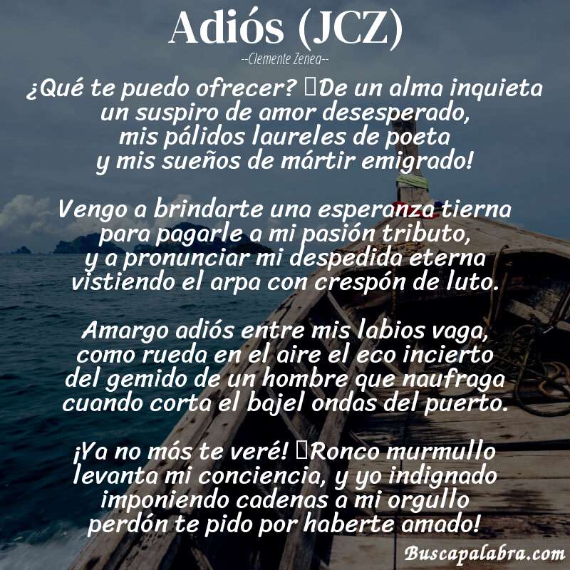 Poema Adiós (JCZ) de Clemente Zenea con fondo de barca