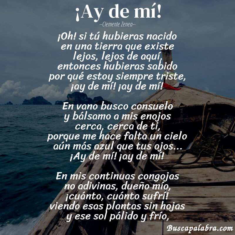 Poema ¡Ay de mí! de Clemente Zenea con fondo de barca