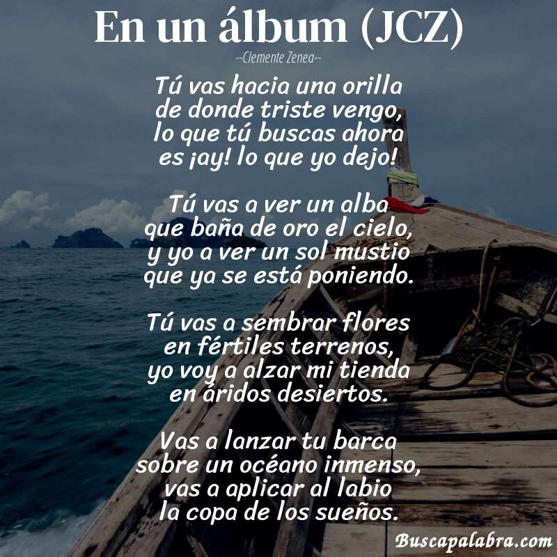 Poema En un álbum (JCZ) de Clemente Zenea con fondo de barca