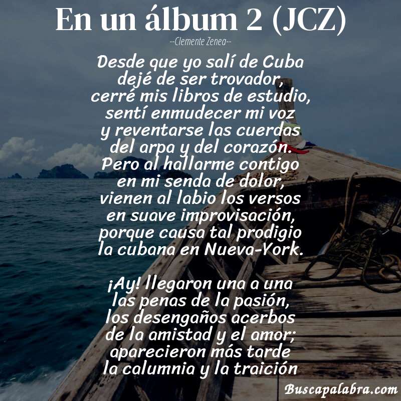 Poema En un álbum 2 (JCZ) de Clemente Zenea con fondo de barca
