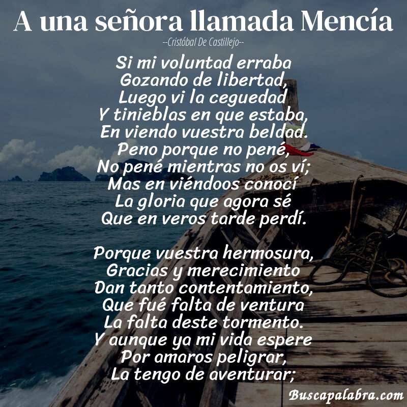 Poema A una señora llamada Mencía de Cristóbal de Castillejo con fondo de barca