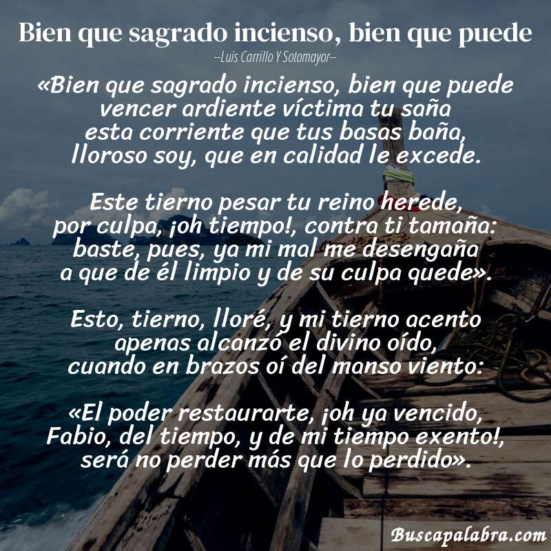 Poema Bien que sagrado incienso, bien que puede de Luis Carrillo y Sotomayor con fondo de barca