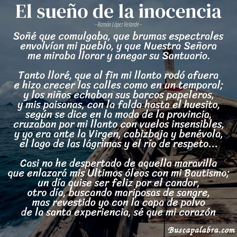 Poema El sueño de la inocencia de Ramón López Velarde con fondo de barca