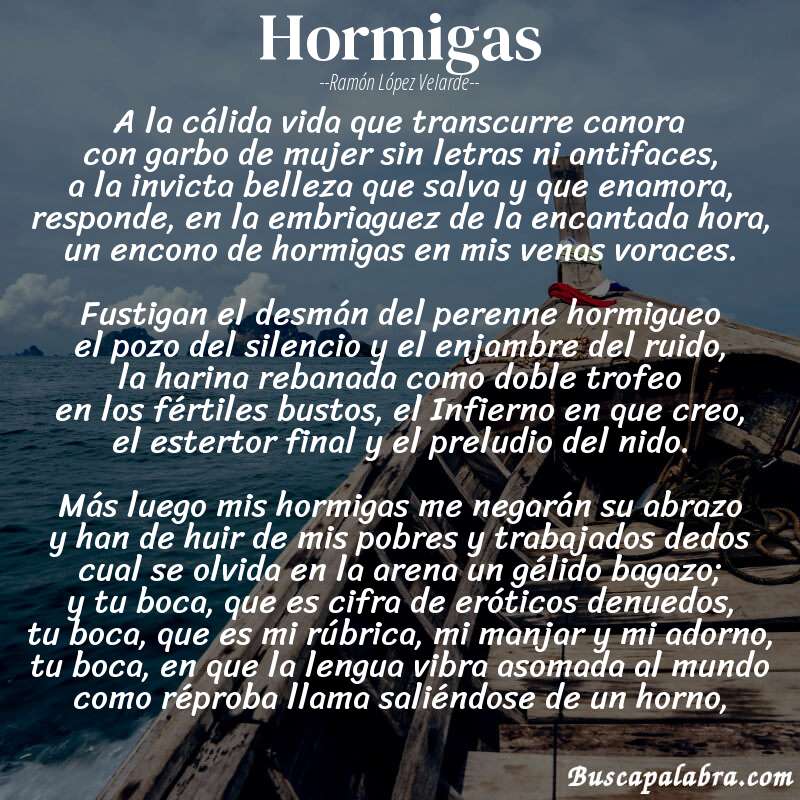 Poema Hormigas de Ramón López Velarde con fondo de barca