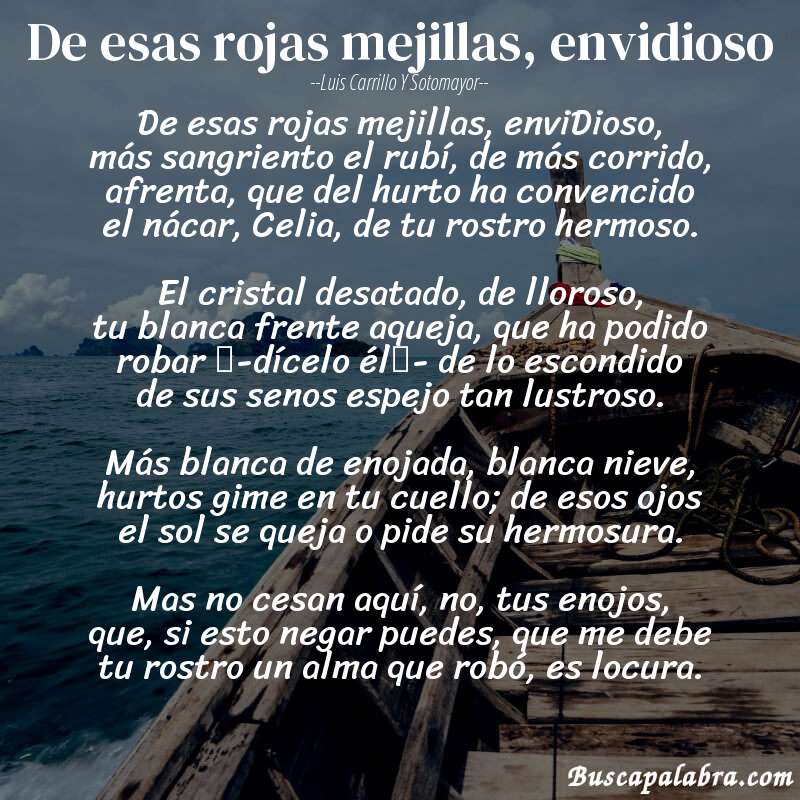 Poema De esas rojas mejillas, envidioso de Luis Carrillo y Sotomayor con fondo de barca
