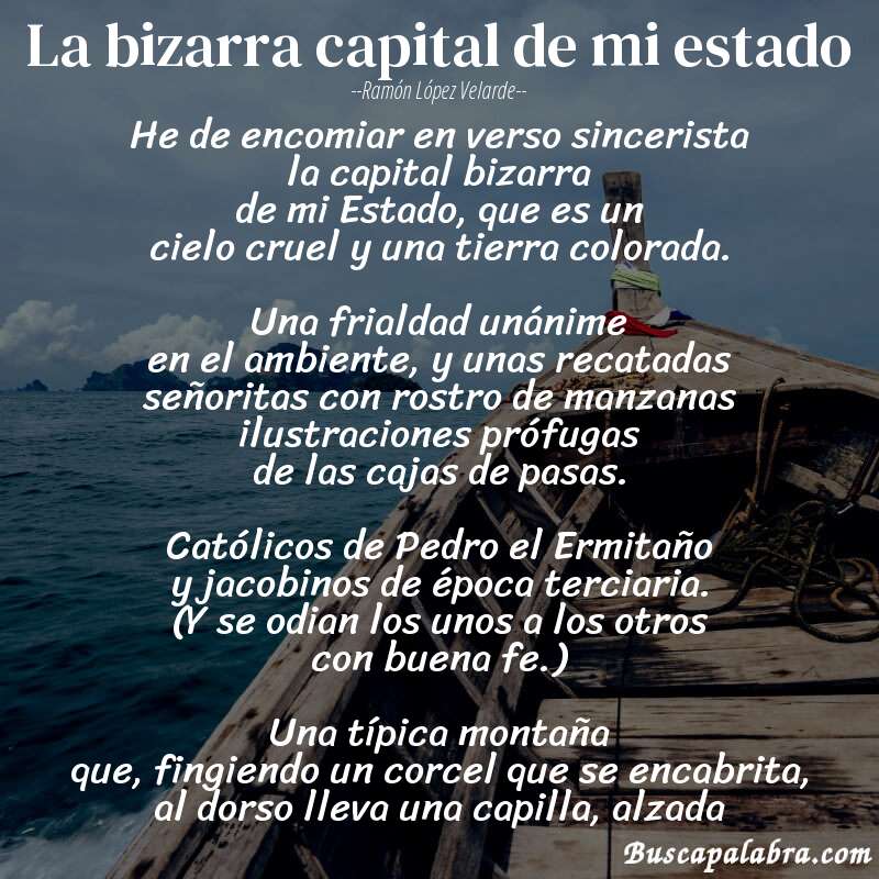 Poema La bizarra capital de mi estado de Ramón López Velarde con fondo de barca