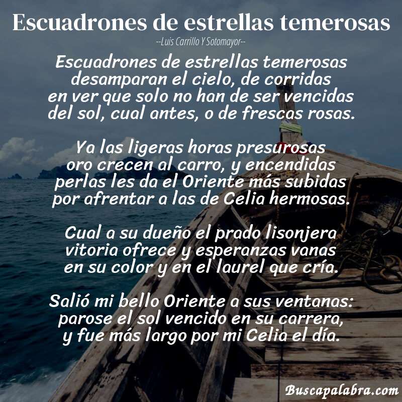 Poema Escuadrones de estrellas temerosas de Luis Carrillo y Sotomayor con fondo de barca