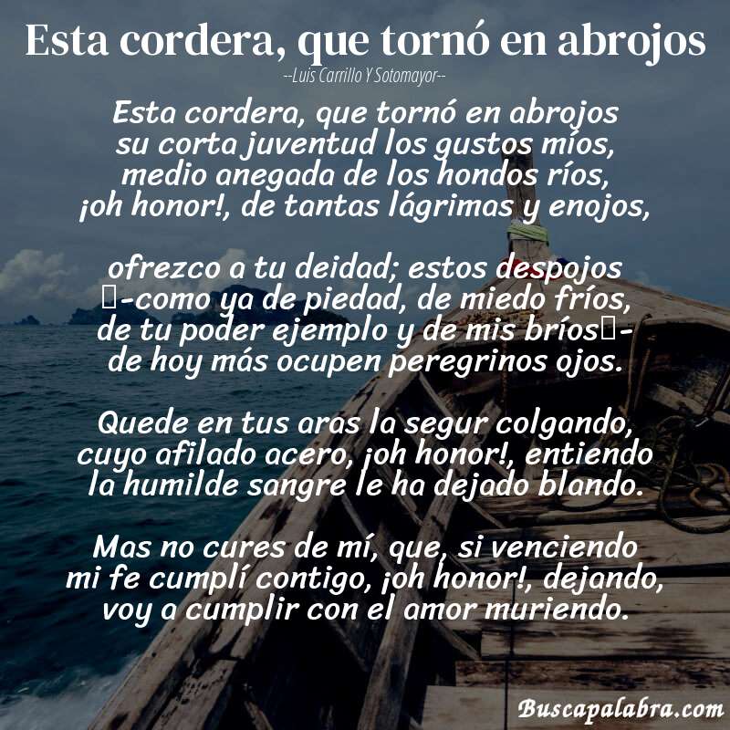 Poema Esta cordera, que tornó en abrojos de Luis Carrillo y Sotomayor con fondo de barca