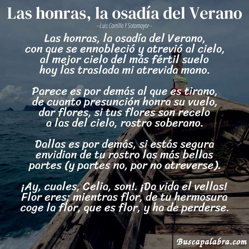 Poema Las honras, la osadía del Verano de Luis Carrillo y Sotomayor con fondo de barca