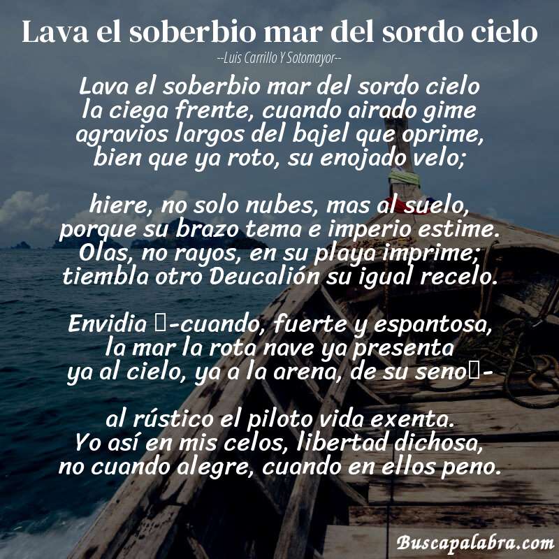 Poema Lava el soberbio mar del sordo cielo de Luis Carrillo y Sotomayor con fondo de barca